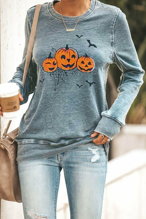 Round Neck Pumpkin Print Halloween Pullover Sweatshirt