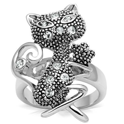 Rhodium Brass Black Cat Ring