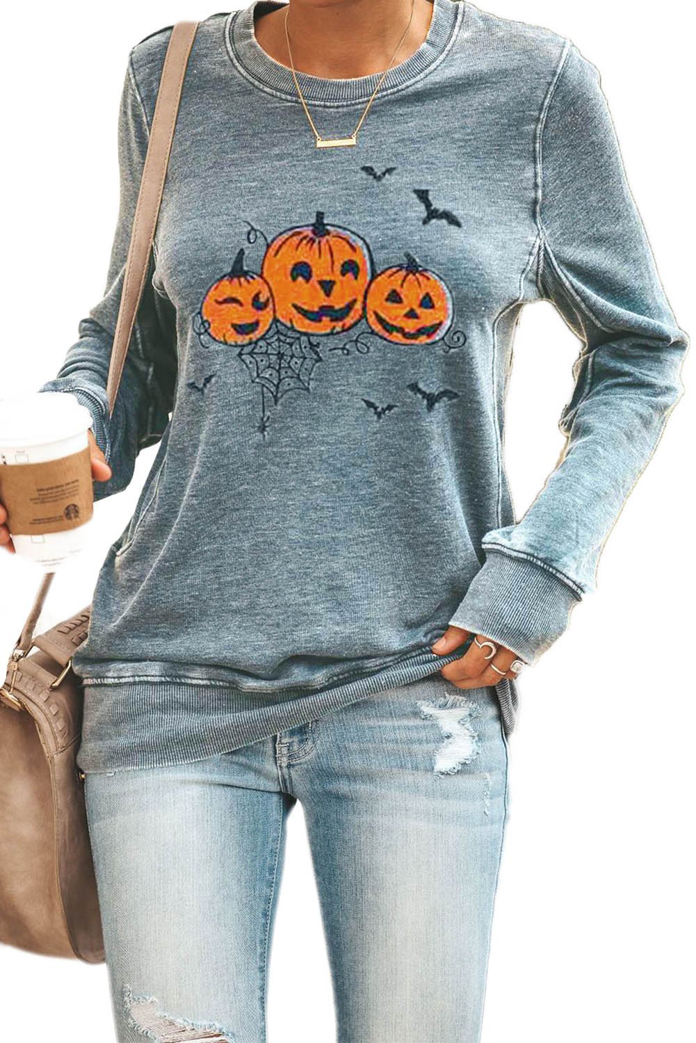 Round Neck Pumpkin Print Halloween Pullover Sweatshirt