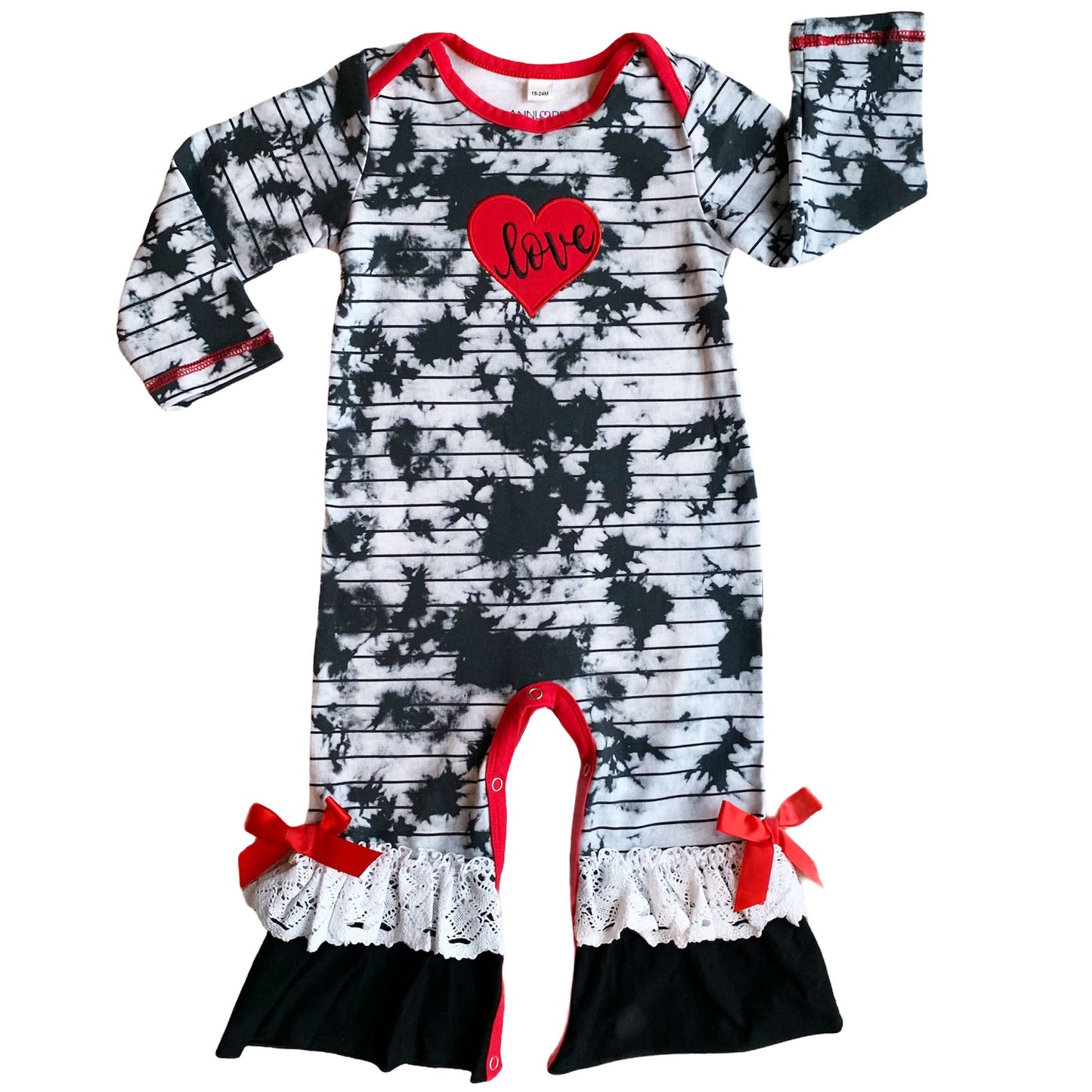 AnnLoren Baby Girls Tie Dye Heart Long Sleeve Valentine's Day Romper