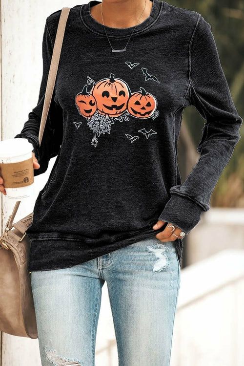 Round Neck Pumpkin Print Halloween Pullover Sweatshirt