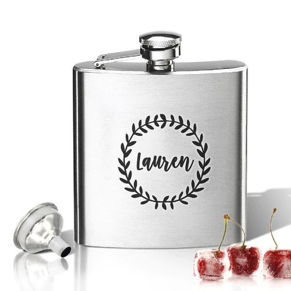 Personalized Hip Flask, 8 oz (name with wreath)