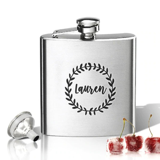 Personalized Hip Flask, 8 oz (name with wreath)